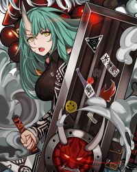 Rule 34 | 1girl, arknights, beads, black shirt, breasts, chinese commentary, cowboy shot, demon, doc.chen, facial scar, glint, glowing, glowing eyes, green eyes, green hair, hand on hilt, horns, hoshiguma (arknights), hoshiguma (ronin huntress) (arknights), jewelry, katana, large breasts, lips, long hair, long sleeves, looking at viewer, mask, necklace, official alternate costume, oni mask, open mouth, prayer beads, scar, scar on cheek, scar on face, shield, shirt, single horn, skin-covered horns, smiley face, smoke, solo, sticker, sword, turtleneck, weapon, yellow eyes