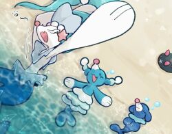 Rule 34 | :3, animal focus, beach, blue skin, brionne, closed eyes, colored eyelashes, colored skin, commentary request, creatures (company), evolutionary line, game freak, gen 7 pokemon, lying, nintendo, no humans, on back, open mouth, pokemon, pokemon (creature), popplio, primarina, pyukumuku, sand, sea lion, snout, sstoh, water, white skin