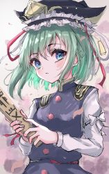 Rule 34 | 1girl, absurdres, balance scale, black hat, blue eyes, center frills, closed mouth, epaulettes, frills, gradient background, green hair, hat, highres, juliet sleeves, kayon (touzoku), long sleeves, looking at viewer, puffy sleeves, rod of remorse, shiki eiki, short hair, solo, touhou, upper body, weighing scale, white background