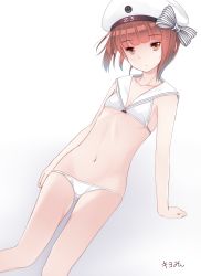 Rule 34 | 10s, 1girl, bikini, blush, breasts, hat, highres, kantai collection, kiyomin, navel, red eyes, red hair, small breasts, solo, swimsuit, z3 max schultz (kancolle)