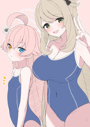 2girls absurdres ahoge alternate_costume black_bow blue_archive blue_one-piece_swimsuit blush bow breast_envy breasts commentary_request green_eyes halo heterochromia highres hoshino_(blue_archive) large_breasts looking_at_viewer mistel_(sukebemistel) multiple_girls nonomi_(blue_archive) one-piece_swimsuit pink_background pink_hair school_swimsuit sidelocks simple_background small_breasts sweat swimsuit v