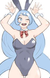 Rule 34 | 1girl, ;d, absurdres, animal ears, arms up, black leotard, blue eyes, blue hair, boku no hero academia, bow, breasts, cleavage, commentary, covered navel, detached collar, fake animal ears, fengling (furin-jp), hadou nejire, highleg, highleg leotard, highres, leotard, light blue hair, long hair, medium breasts, one eye closed, open mouth, playboy bunny, rabbit ears, red bow, smile, solo, strapless, strapless leotard, unfinished, very long hair, white background, wrist cuffs