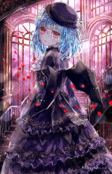 Rule 34 | 1girl, absurdres, ascot, bat wings, black dress, black headwear, blue hair, commentary request, dress, frilled dress, frills, highres, indoors, light particles, looking at viewer, medium hair, outdoors, red eyes, remilia scarlet, short hair, solo, stairs, suzushina, touhou, white ascot, wings