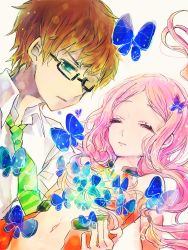 Rule 34 | 1boy, 1girl, bad id, bad pixiv id, bare shoulders, breasts, brown hair, bug, butterfly, butterfly hair ornament, center opening, cleavage, closed eyes, cosplay, detached sleeves, glasses, gloves, green eyes, guilty crown, hair ornament, hibi chouchou, highres, insect, kawasumi (hibi chouchou), long hair, navel, open mouth, ouma shuu, ouma shuu (cosplay), pink hair, shibazeki suiren, short hair, simple background, small breasts, sumi otto, twintails, yuzuriha inori, yuzuriha inori (cosplay)