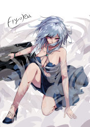 Rule 34 | 1girl, absurdres, ak-12 (girls&#039; frontline), alternate costume, bare shoulders, blood, blood on face, blue dress, blue footwear, breasts, cleavage, clothing cutout, collarbone, cuts, dress, fighting stance, girls&#039; frontline, glowing, glowing eyes, hair over mouth, hand on ground, high heels, highres, holding, holding suitcase, hyoku, injury, large breasts, looking at viewer, messy hair, navel, navel cutout, pink eyes, silver hair, solo, squatting, suitcase, torn clothes, torn dress