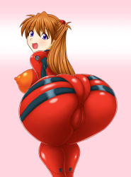 Rule 34 | 1girl, adapted costume, alternate breast size, anus, ass, ass focus, blue eyes, blush, breasts, butt crack, cameltoe, close-up, hair ornament, highres, huge ass, large breasts, long hair, looking at viewer, looking back, neon genesis evangelion, nipples, open mouth, pixiv1478062, plugsuit, shiny clothes, shiny skin, skin tight, skindentation, smile, solo, souryuu asuka langley, two side up