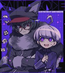 Rule 34 | 2boys, ahoge, animal ears, animal hat, black hair, black headwear, cabbie hat, closed mouth, coat, commentary request, copyright request, crossed arms, eye contact, fake animal ears, fur-trimmed sleeves, fur collar, fur trim, glasses, grey coat, hair between eyes, hat, jacket, long sleeves, looking at another, male focus, master detective archives: rain code, multiple boys, nervous smile, open mouth, purple eyes, purple hair, purple jacket, red-framed eyewear, red eyes, round eyewear, sameyama jiro, scared, short hair, smile, sweatdrop, upper body, yuma kokohead, zilch alexander