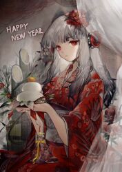 Rule 34 | 1girl, absurdres, alternate costume, animal ears, arknights, bamboo, bow, chinese commentary, commentary request, curtains, finn zoey, floral print, flower, food, fox ears, fox girl, frostleaf (arknights), furisode, grey hair, hair bow, hair flower, hair ornament, happy new year, headphones, highres, hina ningyou, holding, holding plate, japanese clothes, kimono, light particles, long hair, looking at viewer, mochi, new year, obi, obijime, plate, plum blossoms, print kimono, red eyes, red kimono, red nails, sash, scarf, seiza, sitting, solo