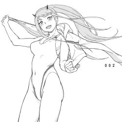 Rule 34 | 10s, 1girl, commentary request, competition swimsuit, cowboy shot, darling in the franxx, fukudahda, greyscale, hairband, highleg, highleg swimsuit, horns, long hair, looking at viewer, monochrome, one-piece swimsuit, oni horns, ponytail, solo, straight hair, swimsuit, towel, white hairband, zero two (darling in the franxx)