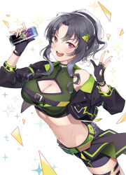 Rule 34 | 1girl, black gloves, black hair, breasts, can, cleavage, cleavage cutout, clothing cutout, cowboy shot, fingerless gloves, gloves, highres, holding, holding can, idolmaster, idolmaster million live!, idolmaster million live! theater days, long hair, looking at viewer, machi (machi333), medium breasts, midriff, official alternate hairstyle, ponytail, red eyes, solo, takayama sayoko
