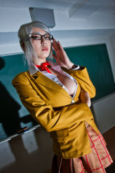 Rule 34 | 1girl, adjusting eyewear, asian, board eraser, breasts, brown eyes, chalkboard, classroom, cleavage, cosplay, dutch angle, glasses, indoors, japanese (nationality), large breasts, lip gloss, looking at viewer, makeup, mole, mole under mouth, parted lips, photo (medium), prison school, sadzuki kei, school, school uniform, shiraki meiko, shiraki meiko (cosplay), short hair, silver hair, solo, standing