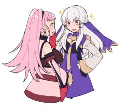 Rule 34 | 2girls, bare shoulders, blush, cropped torso, detached sleeves, do m kaeru, dress, earrings, fire emblem, fire emblem: three houses, gloves, hands on own hips, height difference, hilda valentine goneril, hoop earrings, jewelry, long sleeves, looking at another, lysithea von ordelia, multiple girls, nintendo, open mouth, pink eyes, pink hair, purple dress, red gloves, simple background, smile, twintails, veil, white background, white hair, white sleeves, wide sleeves