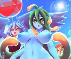 Rule 34 | 3girls, ahoge, arms up, artist name, ball, beachball, bikini, blue feathers, blue hair, blue nipples, blue skin, blue wings, blush, breasts, breasts apart, closed eyes, colored nipples, colored skin, commentary, english commentary, eyebrows hidden by hair, feathered wings, feathers, green eyes, green hair, hair between eyes, harpy, highres, large breasts, lens flare, long hair, miia (monster musume), monster girl, monster musume no iru nichijou, multiple girls, navel, nipples, nude, open mouth, outdoors, papi (monster musume), pink hair, pointy ears, slime girl, sukendo, sun, suu (monster musume), swimsuit, tentacle hair, very long hair, wings, yellow eyes