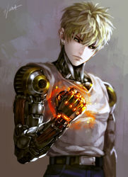Rule 34 | 1boy, black sclera, blonde hair, blurry, clenched hand, colored sclera, cyborg, earrings, energy, genos, jewelry, kim yura (goddess mechanic), male focus, one-punch man, revision, signature, solo, stud earrings, tank top, upper body, yellow eyes