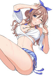 1girl absurdres bikini blue_eyes breasts brown_hair gakuen_idolmaster highres himesaki_rinami idolmaster kimi_to_semi_blue_(idolmaster) large_breasts long_hair looking_at_viewer navel one_eye_closed simple_background solo sorugi_park stomach sweat swimsuit white_background white_bikini