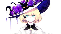 Rule 34 | 1girl, bell, black cat, blonde hair, blue eyes, cat, commentary, downer witch (vocaloid), dripping, english commentary, expressionless, flower, hat, highres, jacket, jet lee (augustineleejet), lucie (millie parfait), millie parfait, mixed-language commentary, nijisanji, nijisanji en, parody, portrait, purple flower, purple rose, rose, short hair, solo, virtual youtuber, vocaloid, white background, white jacket, witch hat