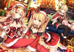 Rule 34 | 4girls, all fours, andrea doria (warship girls r), antlers, bell, belt, belt buckle, black bow, black legwear, blonde hair, blue eyes, blush, boots, bow, box, breasts, brown belt, brown eyes, buckle, capelet, character request, christmas lights, christmas ornaments, christmas tree, christmas wreath, cleavage, closed mouth, commentary request, couch, cross-laced footwear, curtains, detached collar, dice hair ornament, dutch angle, fake antlers, fireplace, fur-trimmed capelet, fur-trimmed headwear, fur-trimmed shirt, fur-trimmed skirt, fur-trimmed sleeves, fur collar, fur trim, gift, gift box, hair bell, hair between eyes, hair bow, hair ornament, hat, head tilt, highres, horns, indoors, jianren, lace-up boots, long hair, long sleeves, looking at viewer, medium breasts, multiple girls, night, on couch, pants, pantyhose, pillow, pink hair, pleated skirt, red bow, red capelet, red hat, red pants, red shirt, red skirt, reindeer antlers, sack, santa costume, santa hat, shirt, sitting, skirt, small breasts, smile, snowing, striped, teeth, thick eyebrows, twintails, upper teeth only, vertical stripes, very long hair, warship girls r, wide sleeves, window, wreath