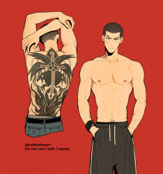 Rule 34 | 1boy, abs, arms up, back, bandaid, bandaid on cheek, bandaid on face, black hair, black wristband, blue eyes, buzz cut, catbishonen, cowboy shot, cropped legs, denim, hands in pockets, hickey, highres, jeans, looking at viewer, male focus, male underwear, male underwear peek, multiple views, navel hair, nipples, pants, red background, ronan lynch, scar, scar on arm, short hair, simple background, the raven cycle, toned, toned male, topless male, underwear, v-taper, very short hair