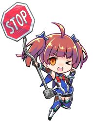 Rule 34 | 1girl, battle suit, blue outfit, bodysuit, bow, brown hair, chibi, hair ornament, hairclip, holding, holding weapon, lilith-soft, long hair, no background, official art, oma shinobu, one eye closed, orange eyes, red bow, road sign, sign, skin tight, skirt, smile, star (symbol), star hair ornament, stop sign, taimanin (series), taimanin gogo!, thighhighs, twintails, weapon, wink