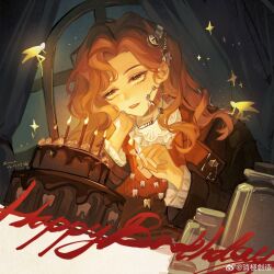 Rule 34 | 1girl, ascot, birthday cake, braces, brown coat, brown eyes, brown hair, cake, candle, coat, commentary request, fairy, food, happy birthday, highres, jar, jewelry, long hair, long sleeves, necklace, night, parted lips, red lips, reverse:1999, solo, star (symbol), tooth fairy (reverse:1999), tooth necklace, white ascot, xiaoji chuangzao