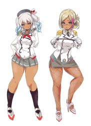 Rule 34 | 10s, 2girls, alternate hair color, alternate hairstyle, alternate skin color, blonde hair, blush, breasts, curvy, dark-skinned female, dark skin, fishnet pantyhose, fishnets, full body, ganguro, glasses, green eyes, high heels, highres, kantai collection, kashima (kancolle), katori (kancolle), large breasts, looking at viewer, military, military uniform, multicolored hair, multiple girls, pantyhose, parted lips, purple eyes, sakuramau, skirt, smile, standing, thighs, tongue, tongue out, twintails, uniform, white hair, wide hips