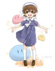 Rule 34 | 00s, 1girl, ascot, bad id, bad pixiv id, brown eyes, brown footwear, brown hair, child, clannad, copyright name, dango daikazoku, dixie cup hat, dress, hat, meso (goma-meso), military hat, okazaki ushio, outstretched arms, sailor dress, school uniform, shoes, socks, solo, spread arms, standing, white socks