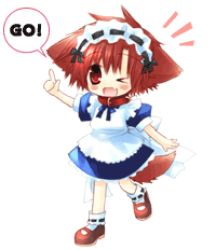 Rule 34 | 1girl, animal ears, chibi, chibi only, dog ears, female focus, full body, hinata (pure pure), lowres, maid, one eye closed, pure pure, red eyes, red hair, shoes, short hair, simple background, socks, solo, standing, tail, white background, wink