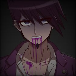 Rule 34 | 1boy, artist name, blood, blood from mouth, clenched teeth, collarbone, danganronpa (series), danganronpa v3: killing harmony, facial hair, goatee, gradient background, highres, jacket, looking at viewer, male focus, momota kaito, pink blood, pink jacket, portrait, purple eyes, purple hair, shirt, solo, suiren yurei, teeth, white shirt