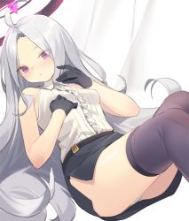 1girl, ahoge, ass, bangs, bare shoulders, black gloves, black skirt, blue archive, blush, breasts, center frills, closed mouth, collared shirt, commentary request, feet out of frame, forehead, frills, gloves, halo, hands up, hina (blue archive), kildir, knees up, long hair, looking at viewer, panties, parted bangs, pencil skirt, purple eyes, purple legwear, shirt, silver hair, skirt, sleeveless, sleeveless shirt, small breasts, solo, thighhighs, underwear, very long hair, white panties, white shirt
