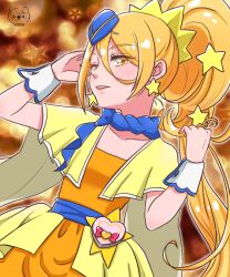 Rule 34 | 1girl, blonde hair, capelet, cure etoile, earrings, hat, heart pouch, high ponytail, highres, hugtto! precure, jewelry, kagayaki homare, long hair, mini hat, moro precure, open mouth, precure, solo, star (symbol), star earrings, wrist cuffs, yellow capelet, yellow eyes