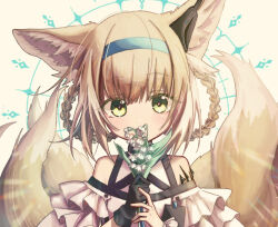 Rule 34 | 1girl, animal ears, arknights, bare shoulders, black gloves, blonde hair, blue hairband, braid, braided hair rings, commentary request, flower, fox ears, fox girl, fox tail, gloves, green eyes, hair rings, hairband, highres, holding, holding flower, kitsune, kyuubi, lily of the valley, looking at viewer, material growth, miritenoru, multiple tails, oripathy lesion (arknights), partial commentary, short hair, single glove, solo, suzuran (arknights), tail, twin braids, upper body