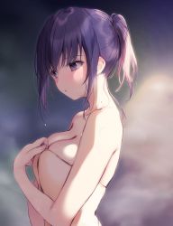 Rule 34 | 1girl, blurry, blurry background, blush, breasts, cleavage, collarbone, from side, highres, medium breasts, naked towel, navy (navy.blue), original, parted lips, purple eyes, purple hair, short hair with long locks, sidelocks, solo, towel, upper body, wet, wet hair, white towel