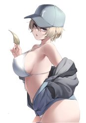 Rule 34 | 1girl, baseball cap, bikini, bikini under clothes, breasts, corrupted twitter file, covered erect nipples, cowboy shot, from side, front-tie top, girls und panzer, hair between eyes, halterneck, hand in pocket, hat, highres, holding, large breasts, large pectorals, looking at viewer, nine (kanine41), off shoulder, open mouth, pectorals, short hair, sideboob, simple background, skindentation, solo, swimsuit, thick thighs, thighs, unzipped, white background, white bikini, youko (girls und panzer)
