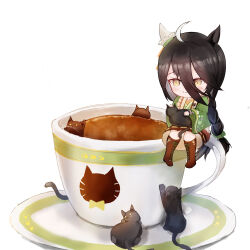 Rule 34 | 1girl, absurdres, animal, animal ears, animal on lap, black cat, black hair, boots, braid, brown hair, cat, cat on lap, coffee, coffee cup, cup, disposable cup, ear covers, highres, horse ears, horse girl, horse tail, japanese clothes, kimono, manhattan cafe (umamusume), on lap, saucer, simple background, sitting, skirt, solo, tail, umamusume, white background, x 1031 xter