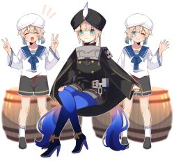 Rule 34 | 3boys, armor, black cape, black coat, black headwear, black shorts, blonde hair, blue leggings, blue sailor collar, breastplate, cape, captain nemo (fate), closed eyes, coat, commentary, double v, fate/grand order, fate (series), freedumco, green eyes, hat feather, high heels, highres, leggings, male focus, marine nemo (fate), multiple boys, nemo (fate), one eye closed, open mouth, sailor collar, sailor shirt, shirt, short hair, short shorts, shorts, smile, symbol-only commentary, turban, twintails, v, waving, white headwear