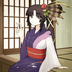 Rule 34 | 1girl, black eyes, black hair, breasts, closed mouth, commentary request, fate/grand order, fate (series), feather hair ornament, feathers, hair ornament, highres, indoors, japanese clothes, kimono, long hair, looking at viewer, medium breasts, obi, obijime, parted bangs, rainen ganbarimashita, sash, side ponytail, sitting, smile, solo, ushiwakamaru (fate), v, very long hair, wide sleeves