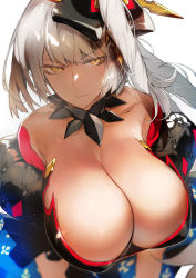 Rule 34 | 1girl, black dress, black neckwear, breasts, cleavage, closed mouth, dress, expressionless, fate/grand order, fate (series), hair ornament, highres, huge breasts, jewelry, large breasts, long hair, looking at viewer, marie antoinette (alter) (fate), marie antoinette (fate), necklace, nishiide kengorou, ponytail, side ponytail, simple background, solo, upper body, very long hair, white background, white hair, yellow eyes