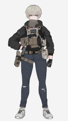 Rule 34 | 1girl, alma01, ammunition belt, ammunition pouch, black hair, bulletproof vest, clenched hand, denim, fanny pack, full body, gloves, green eyes, grey background, gun, hand on own hip, handgun, highres, hood, hoodie, jeans, mole, mole under mouth, original, pants, pouch, radio, shoes, short hair, sneakers, tactical clothes, torn clothes, turtleneck, weapon, white background, white hair