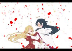 Rule 34 | 1boy, 1girl, :d, ^ ^, ahoge, armor, black hair, blonde hair, blush, cloak, closed eyes, commentary, constantine xi (fate), dancing, dress, earrings, epaulettes, facing another, falling petals, fate/grand order, fate (series), gloves, grin, hair between eyes, hair down, hair intakes, halo, hand on another&#039;s shoulder, highres, jewelry, juliet sleeves, letterboxed, long hair, long sleeves, lv1na ura, nero claudius (fate), nero claudius (fate) (all), nero claudius (fate/extra), open mouth, petals, profile, puffy sleeves, red dress, smile, upper body, white armor, white background, white cloak, white gloves