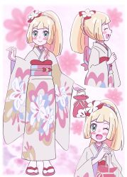Rule 34 | 1girl, ;d, blonde hair, blush, closed mouth, commentary request, creatures (company), eyelashes, flower, game freak, green eyes, hair flower, hair ornament, high ponytail, highres, holding, japanese clothes, kimono, lillie (new year&#039;s 2021) (pokemon), lillie (pokemon), miin (toukotouya), multiple views, nintendo, official alternate costume, one eye closed, open mouth, own hands together, pink footwear, pokemon, pokemon masters ex, sandals, smile, standing, tabi, tongue, white flower, white footwear, yellow kimono