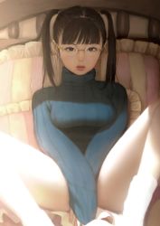 Rule 34 | 1girl, black eyes, black hair, blunt bangs, breasts, covering privates, covering crotch, frilled pillow, frills, glasses, green sweater, hair ornament, hair tie, knees up, lips, long sleeves, looking at viewer, medium breasts, mujiha, nose, on bed, original, parted lips, pillow, pink lips, ribbed sweater, sitting, solo, sweater, turtleneck, turtleneck sweater, twintails