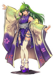 Rule 34 | 1girl, absurdres, armpits, bare shoulders, blue eyes, blush, breasts, closed mouth, detached sleeves, frog hair ornament, full body, green hair, hair between eyes, hair ornament, hair tubes, highres, kochiya sanae, large breasts, long hair, obi, sash, sen (daydream 53), simple background, smile, snake hair ornament, solo, standing, thighhighs, touhou, white background, white thighhighs, wide sleeves