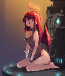 Rule 34 | 1girl, absurdres, anklet, bandaged arm, bandages, barefoot, breasts, brown dress, cable, closed mouth, dress, full body, hair between eyes, halo, highres, jewelry, kneeling, long hair, looking at viewer, machinery, mia (39565899), off shoulder, original, pink pupils, red hair, red halo, red wings, simple background, sitting, small breasts, solo, torn clothes, torn dress, tube, wings