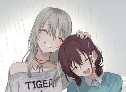 Rule 34 | 2girls, blue shirt, blush, closed eyes, collared shirt, commentary, girls band cry, gradient background, grey background, grey hair, grey shirt, grin, hand on another&#039;s head, hashtag-only commentary, head on another&#039;s shoulder, highres, iseri nina, jewelry, kanaria hisagi, kawaragi momoka, multicolored hair, multiple girls, necklace, off shoulder, open mouth, rain, red hair, roots (hair), shirt, short twintails, smile, twintails, upper body, wet, wet clothes