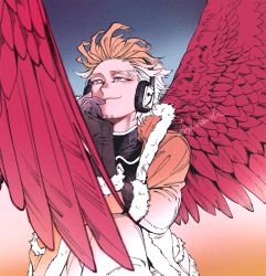 Rule 34 | 1boy, blonde hair, boku no hero academia, closed mouth, commentary request, facial hair, feathered wings, fur collar, fur trim, hawks (boku no hero academia), highres, male focus, parka, red wings, short hair, smile, solo, spiked hair, stubble, wings, yococco