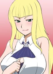 Rule 34 | 10s, 1girl, ascot, bare shoulders, blonde hair, blush, bra, breasts, cleavage, gradient background, green eyes, gundam, gundam build fighters, gundam build fighters try, lady (gundam bf), lady kawaguchi, large breasts, licking lips, lips, long hair, open clothes, open shirt, red background, shirt, solo, tongue, tongue out, underwear, zerosu (take out)