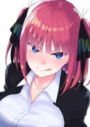 Rule 34 | 1girl, absurdres, akaneiro (akane color35), black cardigan, black ribbon, blouse, blue eyes, blunt bangs, blush, breasts, butterfly hair ornament, buttons, cardigan, cleavage, closed mouth, collarbone, commentary request, eyebrows hidden by hair, eyelashes, go-toubun no hanayome, hair ornament, hair ribbon, heart, heart-shaped pupils, highres, large breasts, licking, licking lips, looking at viewer, medium hair, nakano nino, naughty face, nose blush, open cardigan, open clothes, partial commentary, pink hair, revision, ribbon, school uniform, shirt, simple background, solo, split mouth, straight hair, symbol-shaped pupils, tongue, tongue out, upturned eyes, v-shaped eyebrows, white background, white shirt
