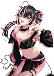 Rule 34 | 1girl, absurdres, ahoge, belt, belt collar, black belt, black hair, black jacket, black skirt, black sleeves, blue eyes, blush, bra, collar, commentary request, cropped jacket, demon girl, demon horns, demon tail, detached sleeves, earrings, feet out of frame, flat chest, flower, hair flower, hair ornament, highres, horns, jacket, jewelry, long hair, looking at viewer, midriff, multicolored hair, nanashi inc., navel, o-ring, o-ring thigh strap, oinomori may, oinomori may (1st costume), one side up, open mouth, pink bra, pink hair, pointy ears, sankyo (821-scoville), shadow, simple background, skirt, sleeveless, sleeveless jacket, smile, solo, sugar lyric, tail, thigh strap, underwear, virtual youtuber, white background