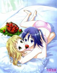 Rule 34 | 2girls, barefoot, bed, blonde hair, blue hair, camisole, food, fruit, highres, lingerie, looking at viewer, mouth hold, multiple girls, ohshima towa, ooshima towa, original, panties, pillow, pink panties, shared food, side ponytail, strawberry, striped clothes, striped panties, underwear, underwear only, yuri