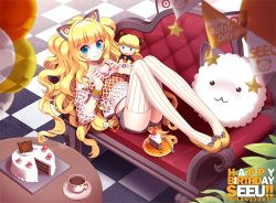 Rule 34 | 1girl, artist name, blonde hair, blue eyes, blurry, cake, casual, character doll, character name, checkered floor, couch, cup, depth of field, floor, food, full body, fungus (vocaloid), genderswap, genderswap (ftm), genderswap (mtf), gompang-i, happy birthday, heart, heart hands, long hair, looking at viewer, lying, saban, seeu, shorts, smile, solo, striped clothes, striped thighhighs, sweets, teacup, thighhighs, twintails, vertical-striped clothes, vertical-striped thighhighs, very long hair, vocaloid, zeeu, zettai ryouiki